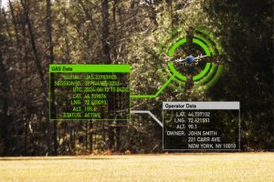 Image of a drone in flight with remote ID data overlaid such as position and owner name