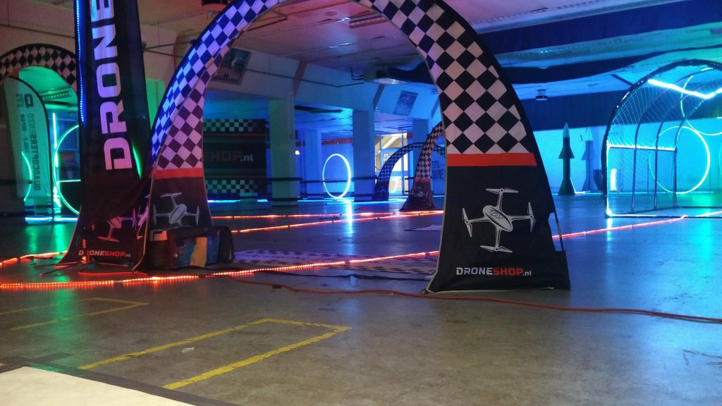 Indoor FPV racing course with lots of LED lights