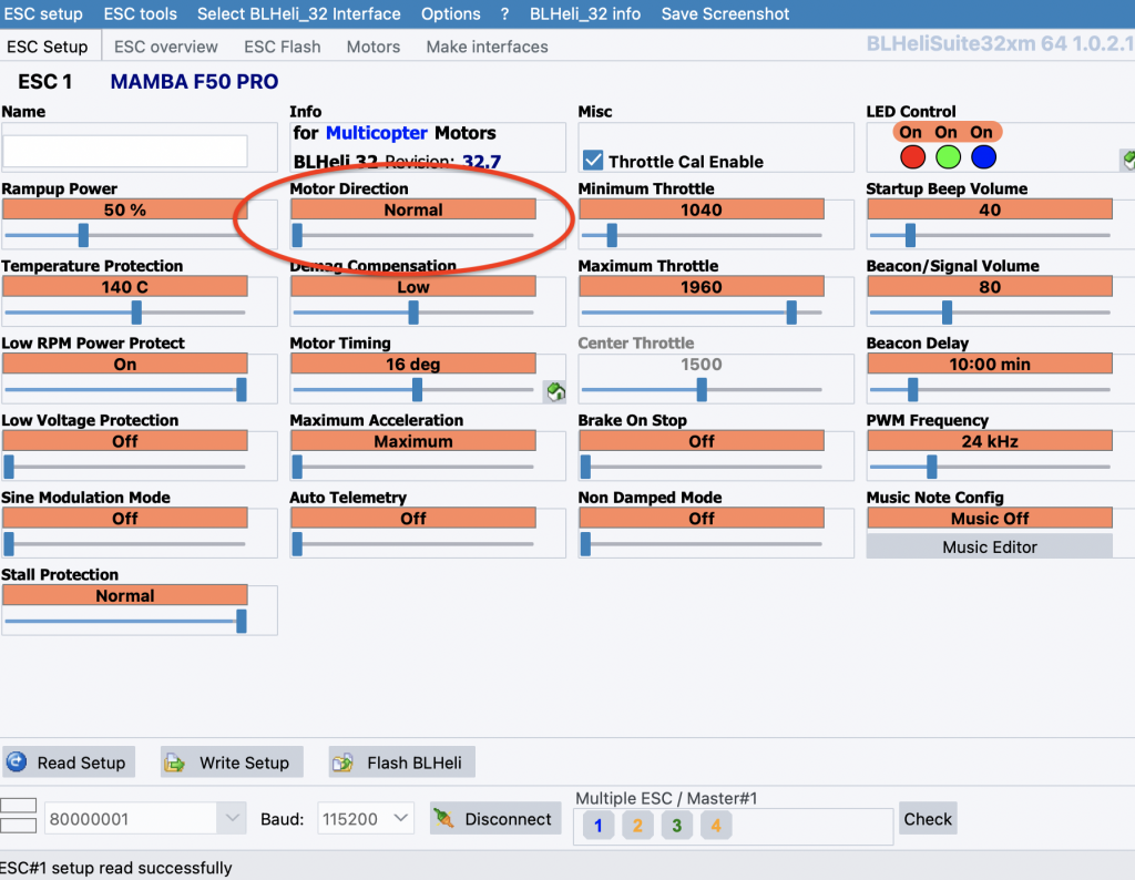 BlHeli_32 with motor direction selector highlighted