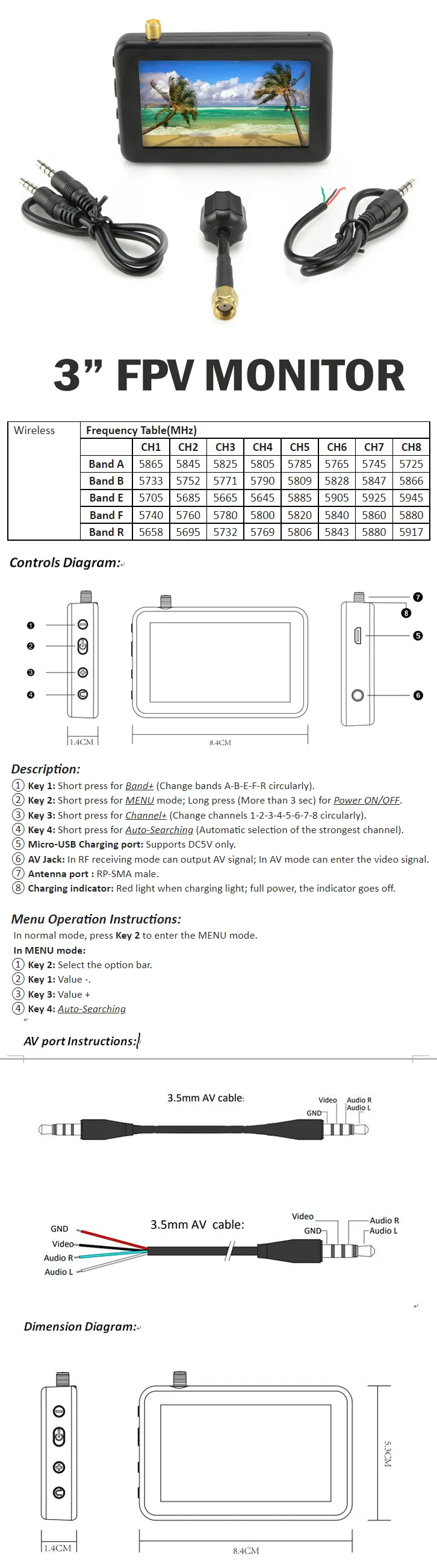 DMKR LS-5804 3 Mini FPV LCD Monitor