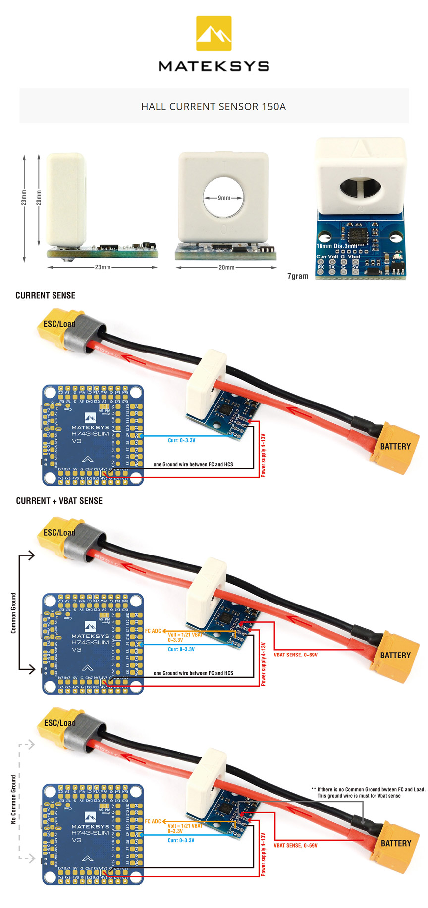 MATEKSYS Hall Effect Current Sensor - 150A