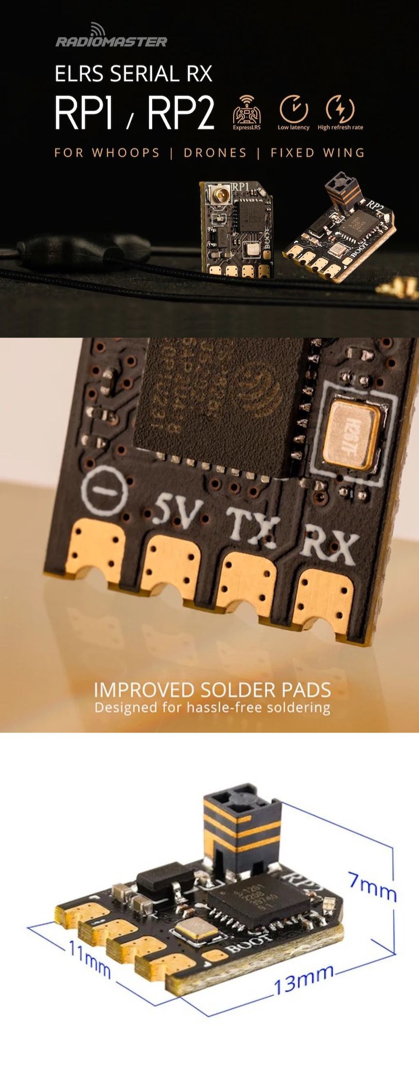RadioMaster RP2 ExpressLRS 2.4ghz Nano Receiver w/ Fixed SMT Antenna

