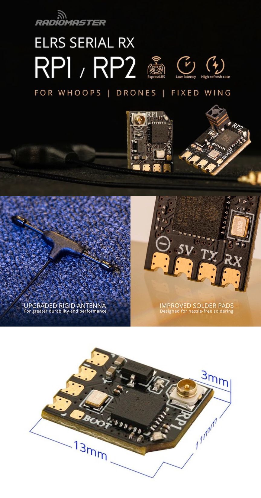 RadioMaster RP1 ExpressLRS 2.4ghz Nano Receiver T-Antenna Infographic