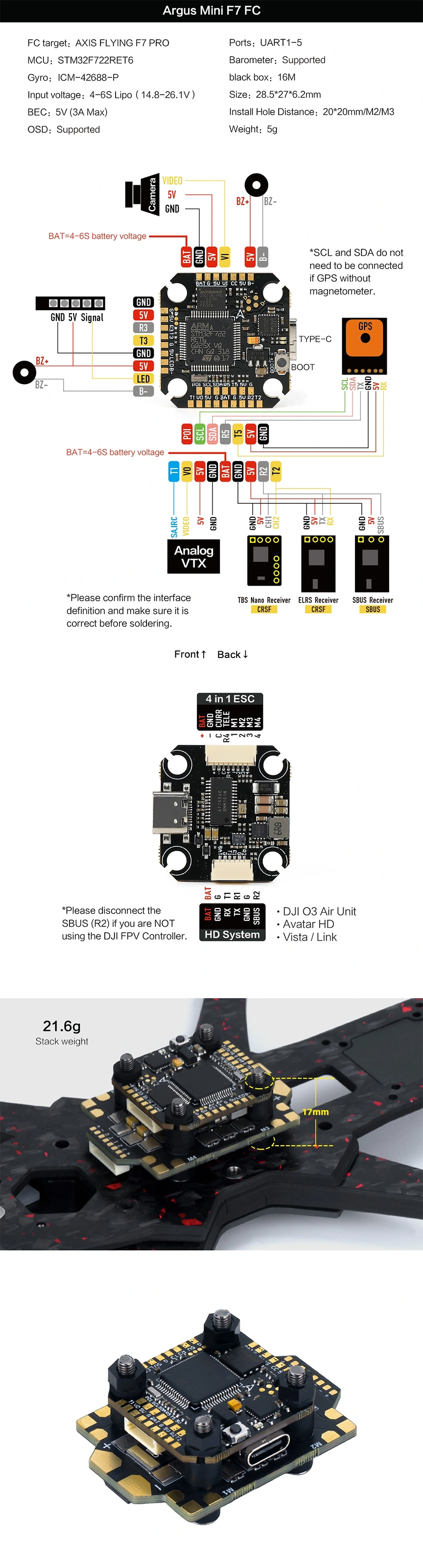 AxisFlying Argus Mini F7 Flight Controller - ICM42688 - 20x20