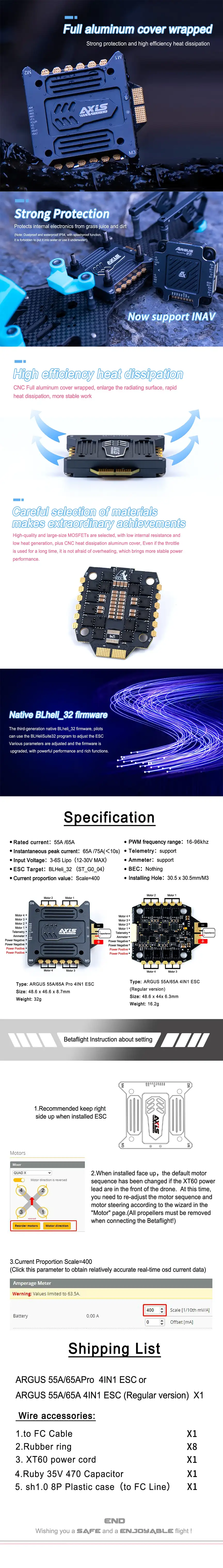 Axisflying Argus Pro 55A 3-6S BLHeli_32 ESC w/ Aluminum Box Infographic