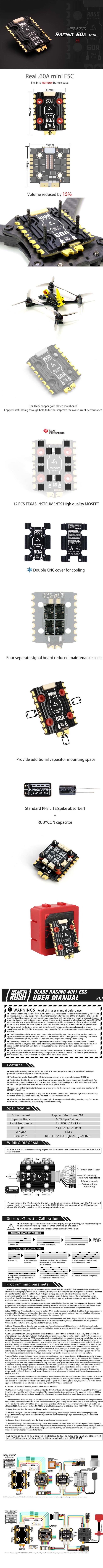 RUSHFPV 60A 3-6S BHeli_32 4-in-1 Racing ESC Infographic