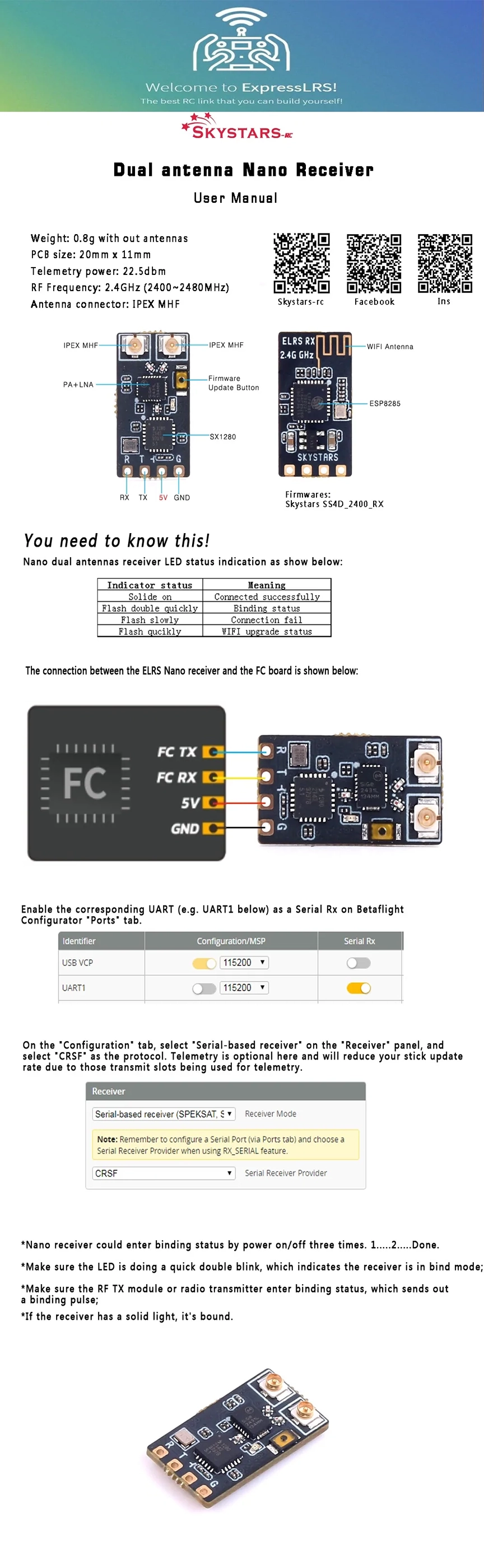 Skystars Supreme ExpressLRS 2.4GHz Diversity Dual Nano Receiver w/ Brass Antenna