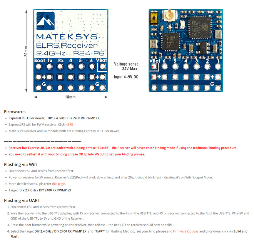 MATEKSYS ExpressLRS 2.4GHz Receiver - PWM ELRS-R24-P6