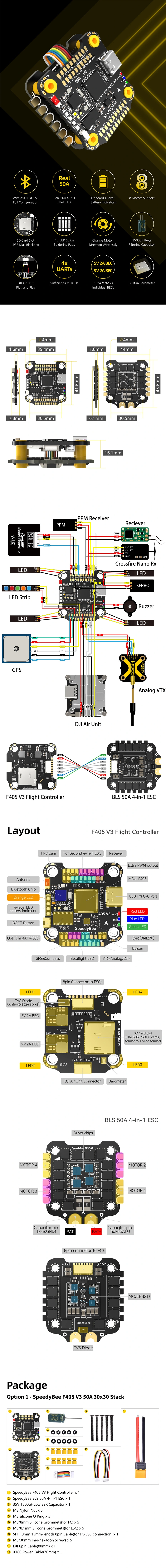 SpeedyBee F405 Stack - F405 V3 FC + 50A 3-6s BLHeli_S 4-in-1 ESC - 30x30